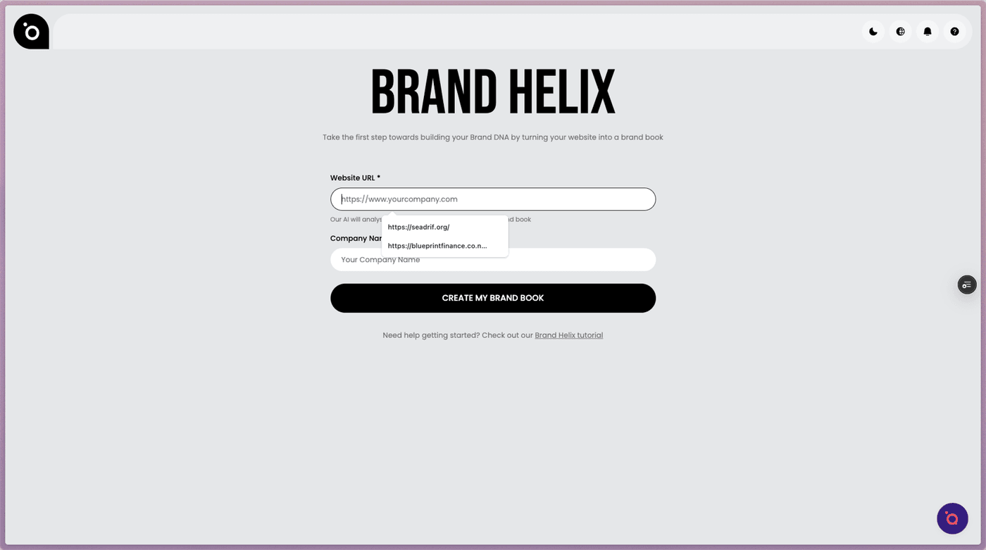 Add your website — Brand Helix: create a brand guide with our AI