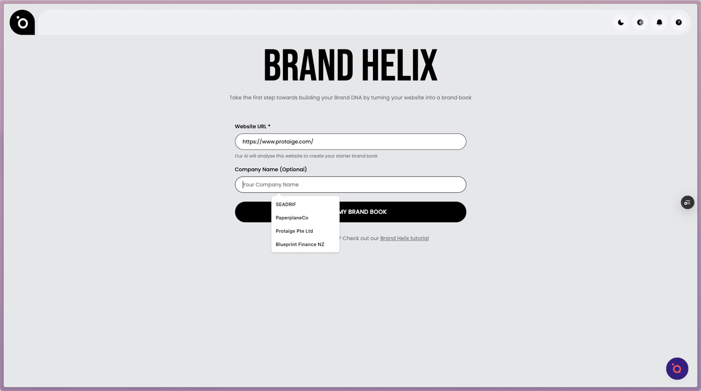 Add your company name — Brand Helix: create a brand guide with our AI