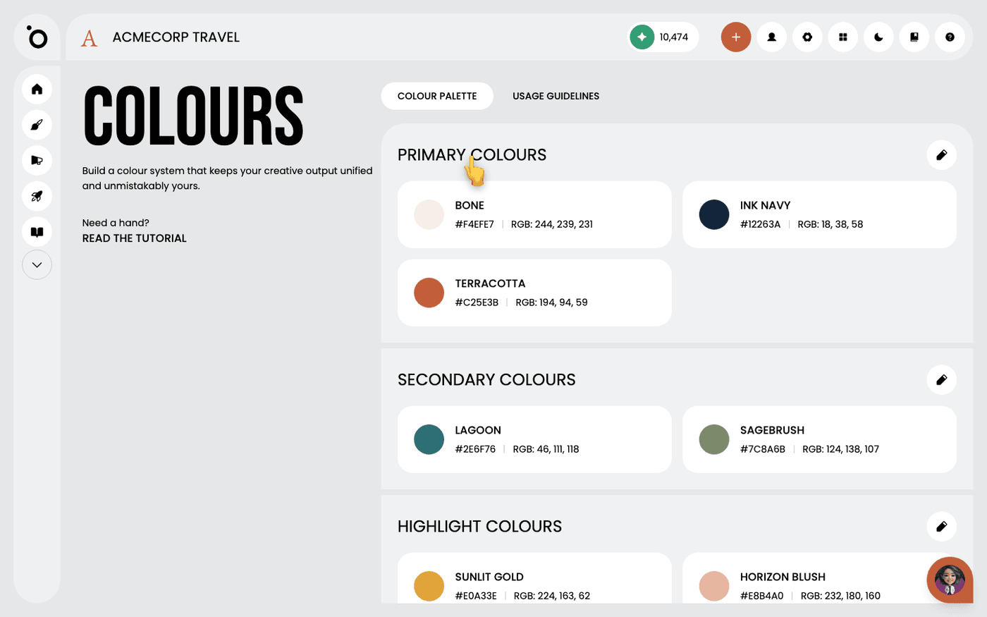 Open the Colours section — Setting your brand colours