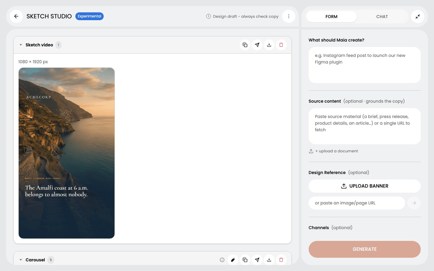 Open the frame's menu and choose Create video — Turn a sketch into a video
