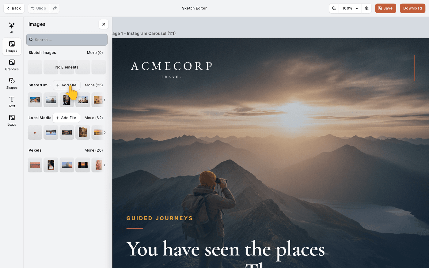 Upload into the panel you are looking at — Find and add images in the editor